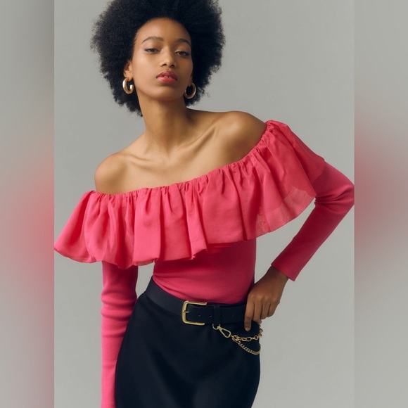 By Anthropologie Off-The-Shoulder Organza Ruffle Top Small Pink - Picture 5 of 9